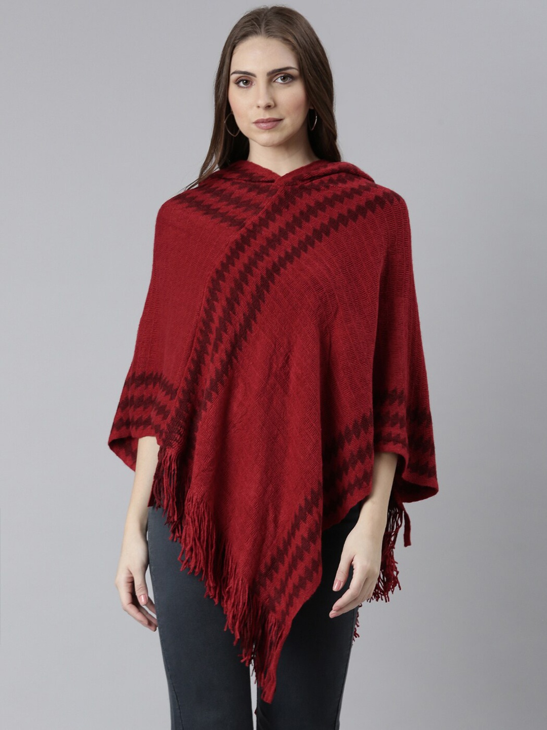 

SHOWOFF Striped Longline Poncho With Fringed Detail, Maroon