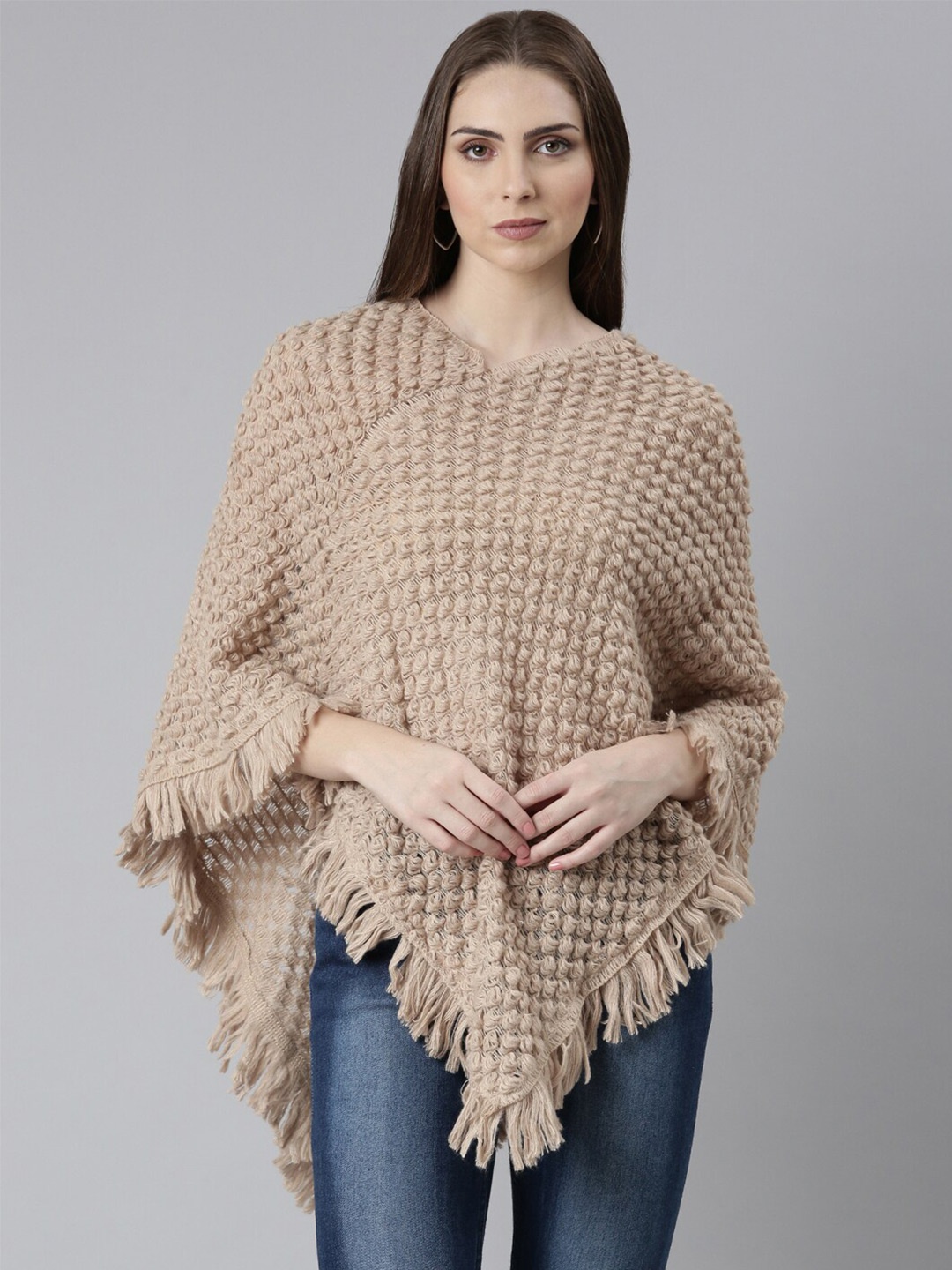 

SHOWOFF Self Design V-Neck Longline Poncho with Fringed Detail, Beige