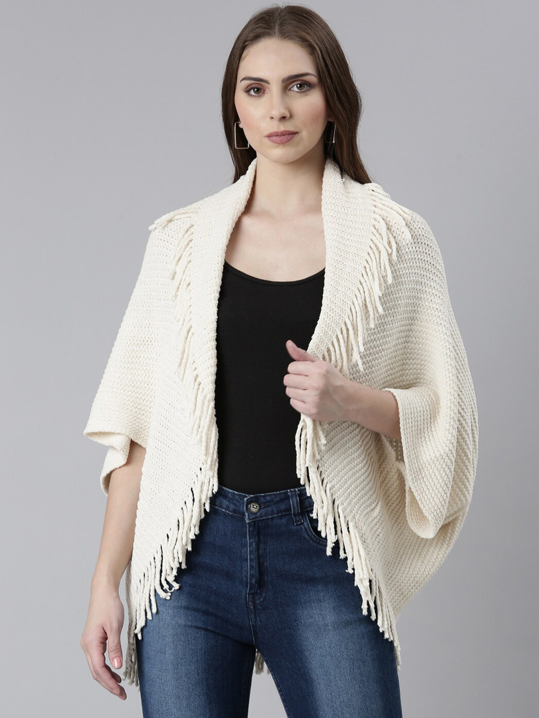 

SHOWOFF Self Design Poncho With Fringed Detail, Cream