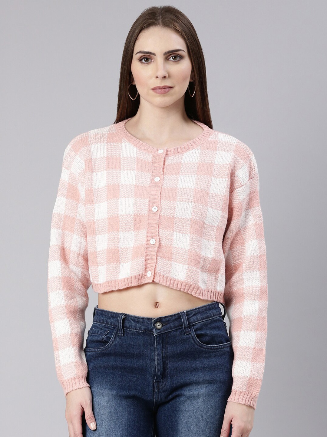 

SHOWOFF Checked Cardigan, Peach