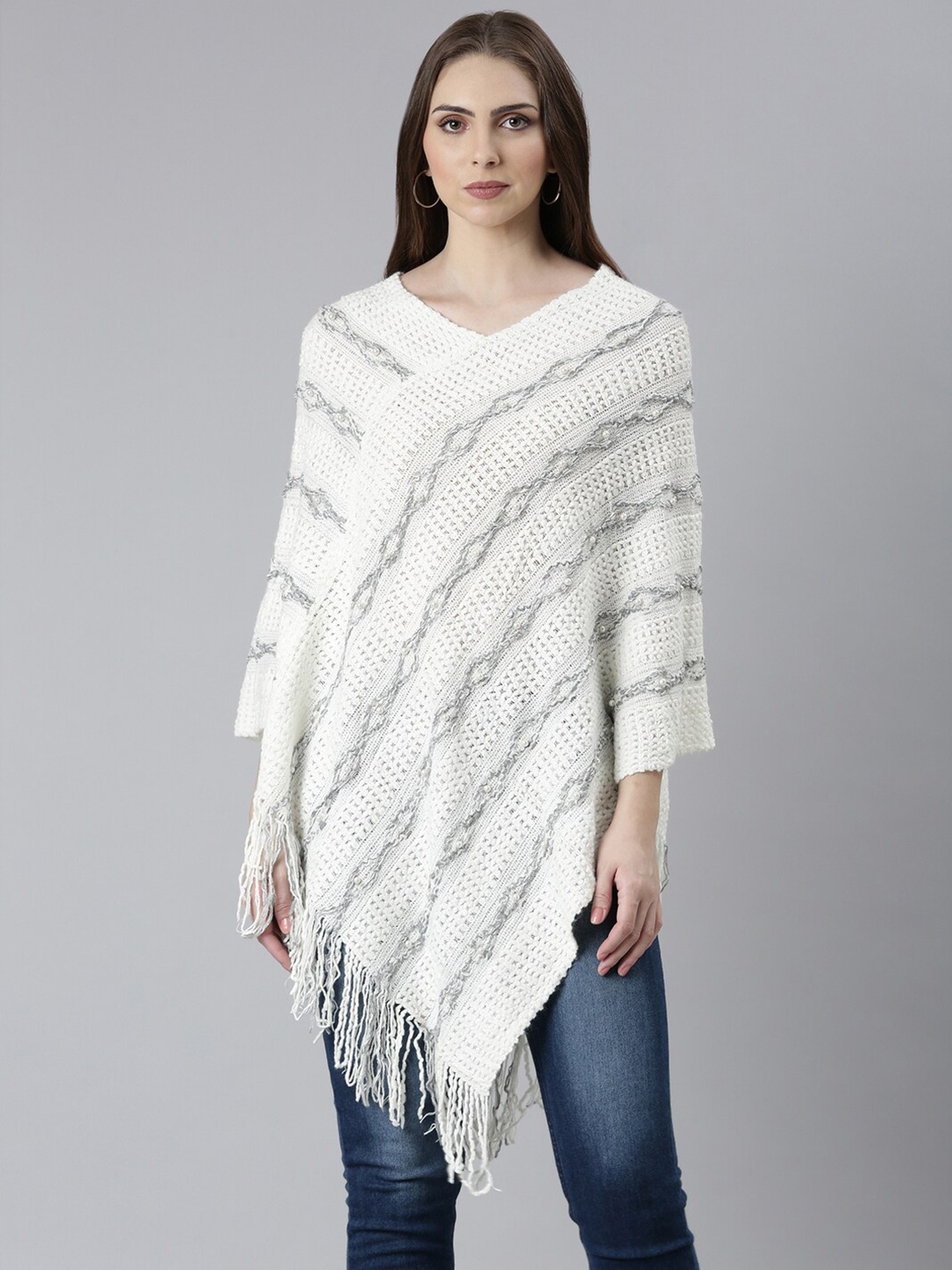 

SHOWOFF Cable Knit V-Neck Longline Acrylic Poncho With Embellished Detail, Off white