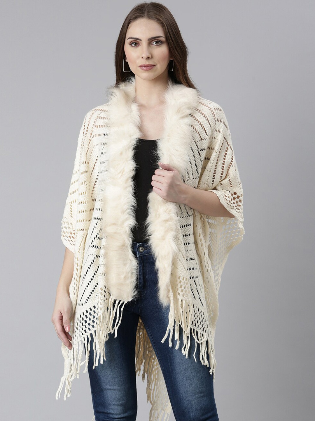 

SHOWOFF Self Design Acrylic Poncho with Fringed Detail, Cream