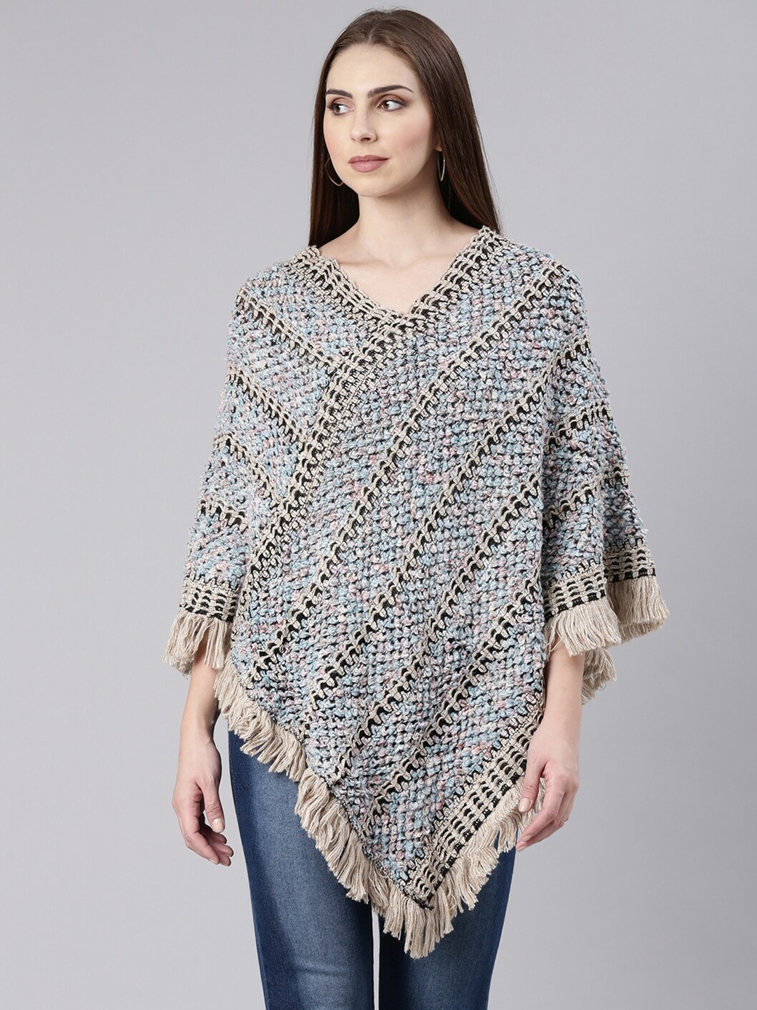 

SHOWOFF Cable Knit V-Neck Three-Quarter Sleeves Fringed Detail Acrylic Poncho, Beige