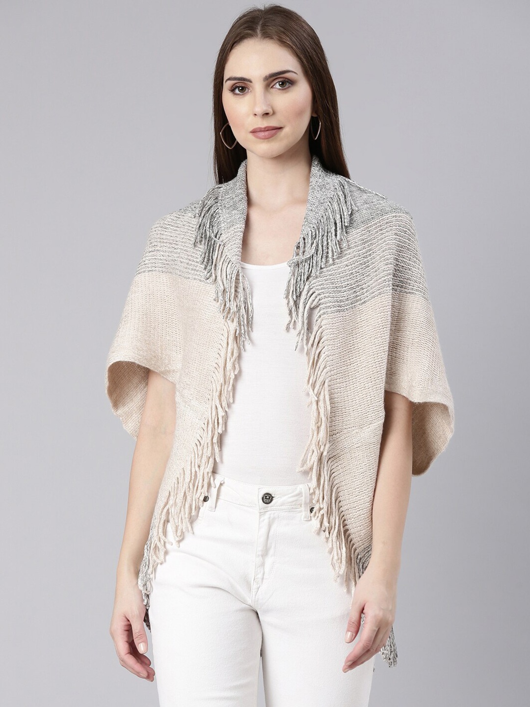 

SHOWOFF Self Design Acrylic Open Front Shrug, Beige
