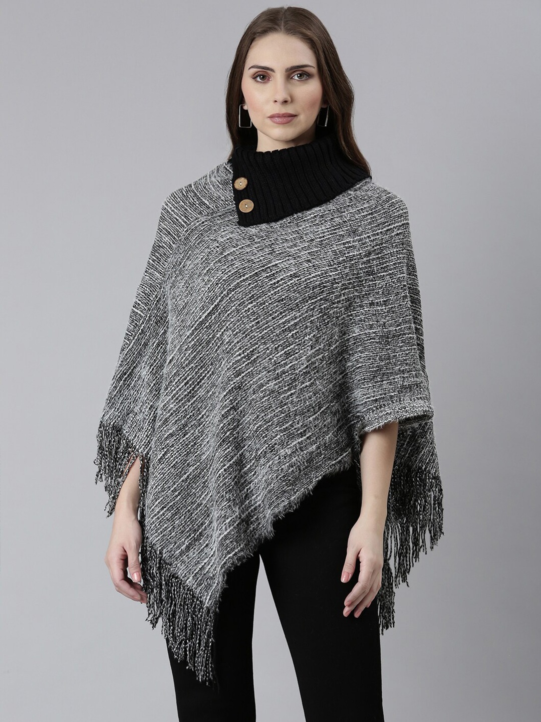 

SHOWOFF Open Knit Turtle Neck Three-Quarter Sleeves Fringed Detail Acrylic Poncho, Black