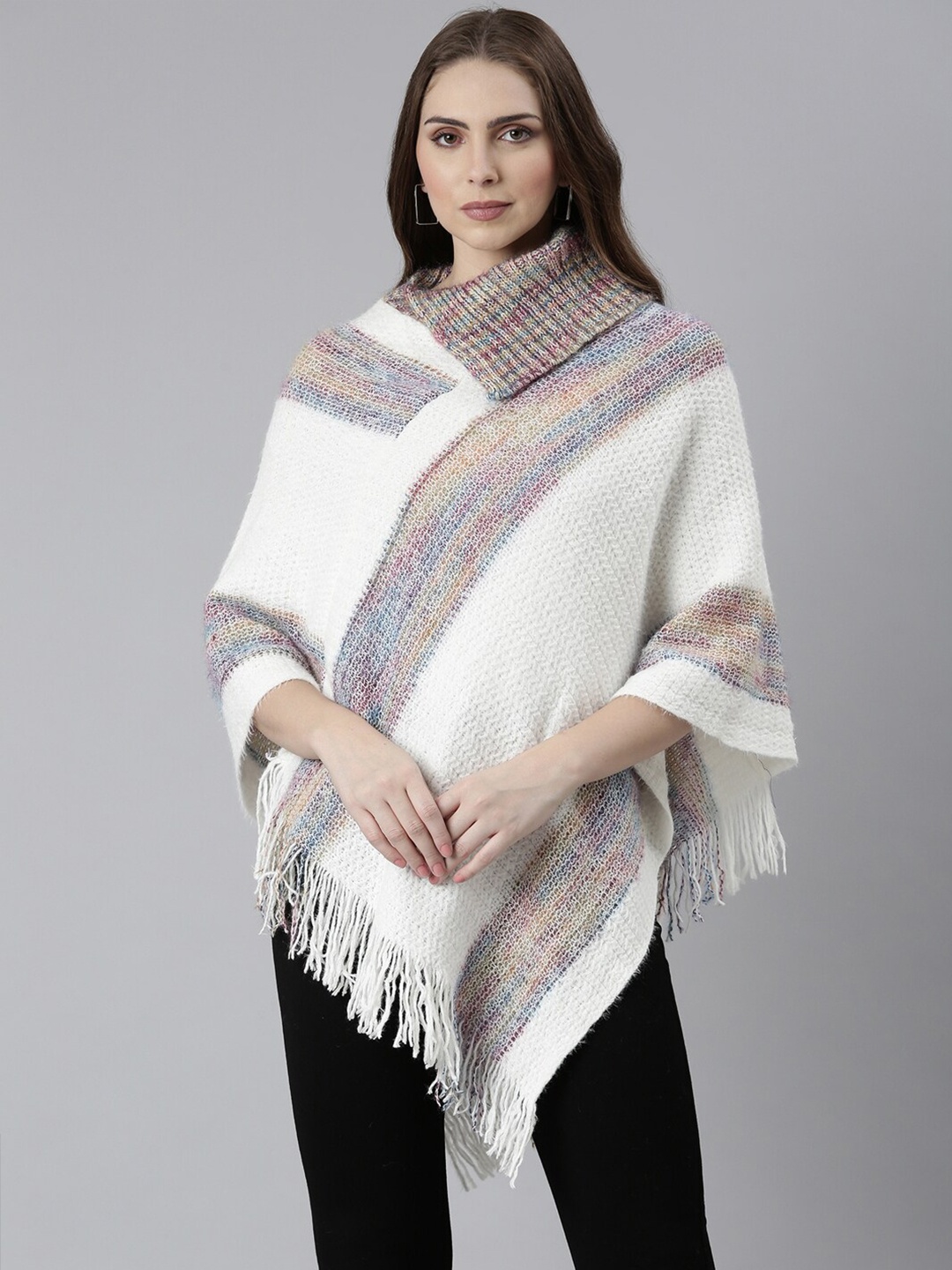 

SHOWOFF Cable Knit Turtle Neck Three-Quarter Sleeves Fringed Detail Acrylic Poncho, White
