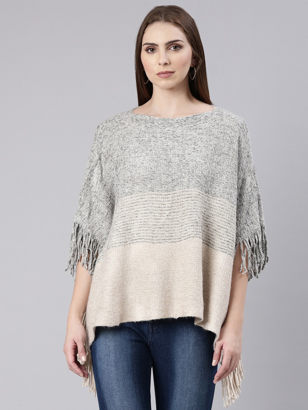 

SHOWOFF Colourblocked Asymmetric Acrylic Poncho With Fringed Detail, Beige