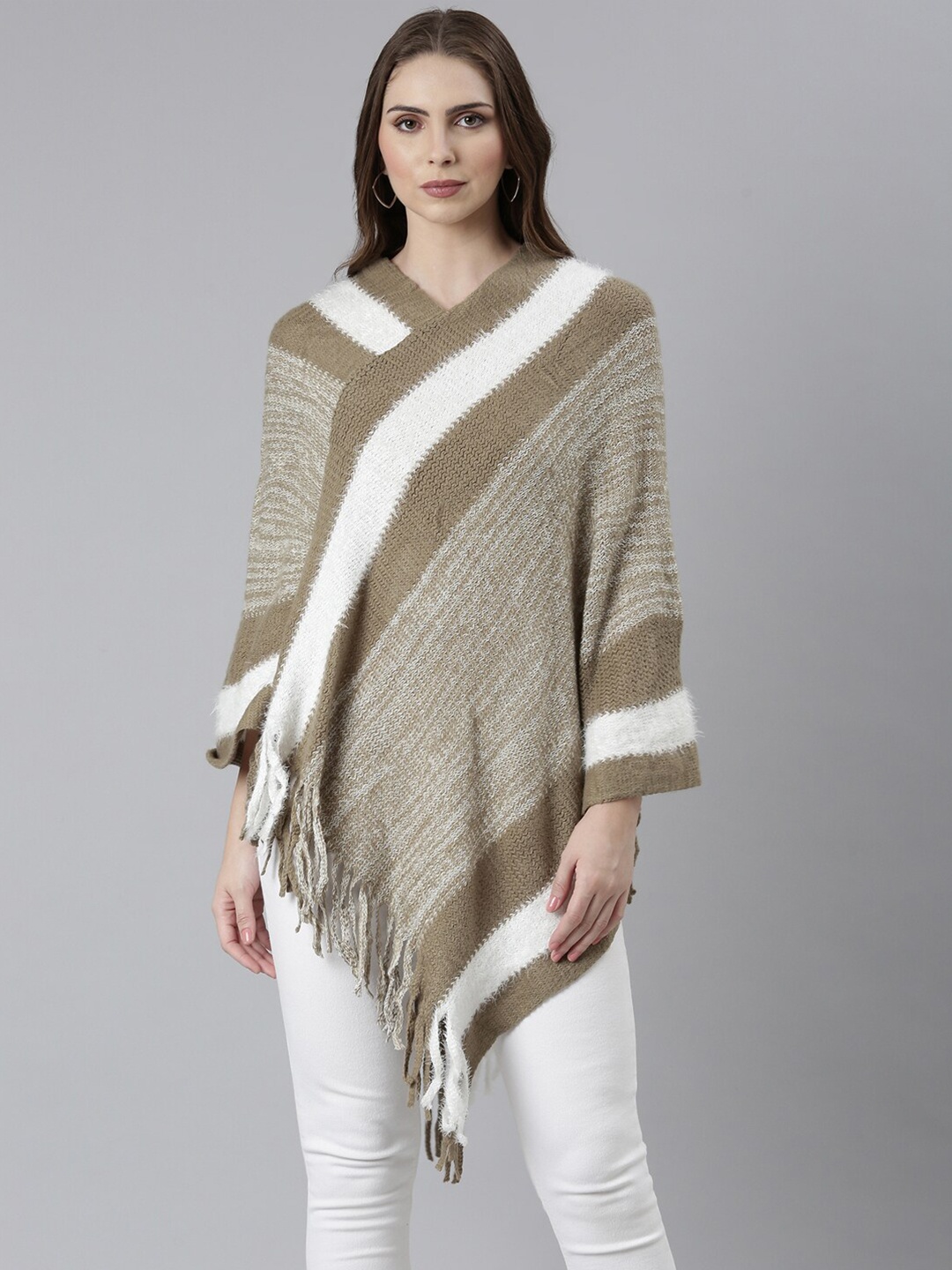

SHOWOFF Striped Acrylic Poncho, Olive