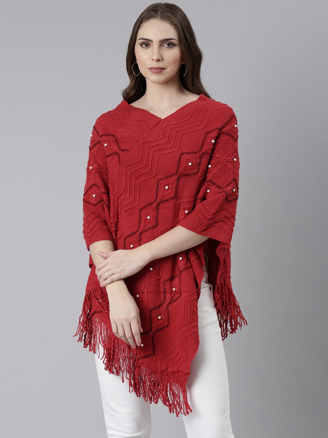 

SHOWOFF Chevron Self Design Longline Acrylic Poncho With Embellished Detail, Red