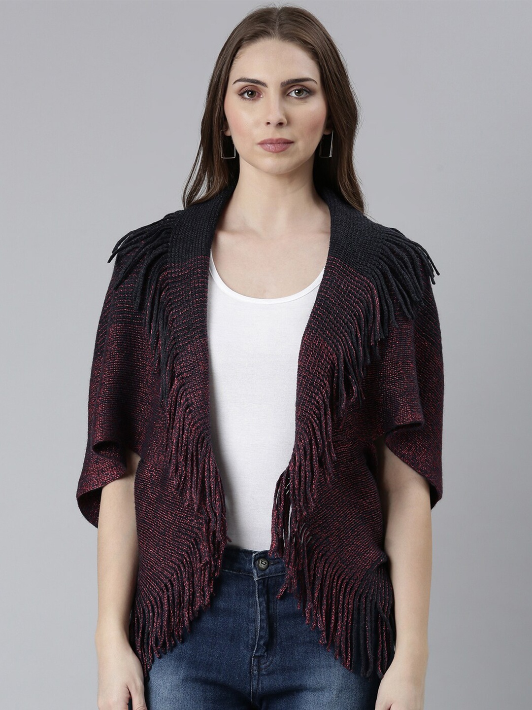 

SHOWOFF Speckled Acrylic Poncho With Fringed Detail, Navy blue