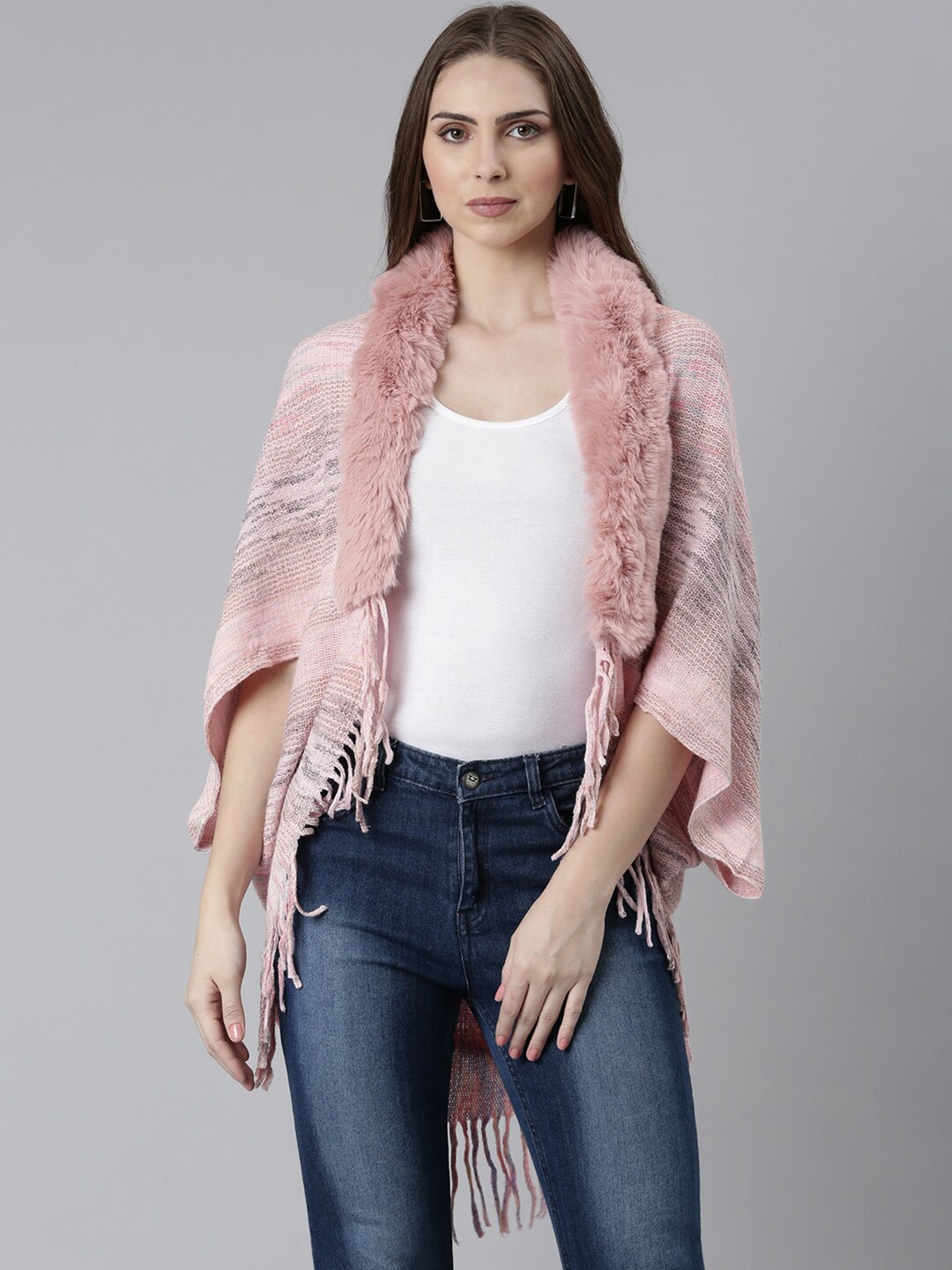 

SHOWOFF Speckled Shawl Collar Acrylic Poncho With Fringed Detail, Peach