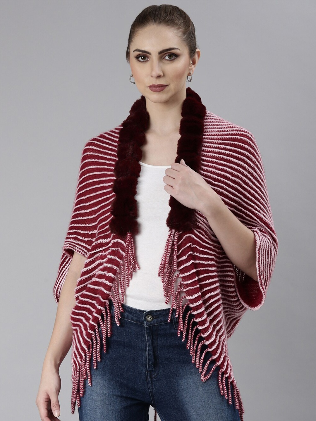 

SHOWOFF Striped Front-Open Poncho With Fringed Detail, Maroon