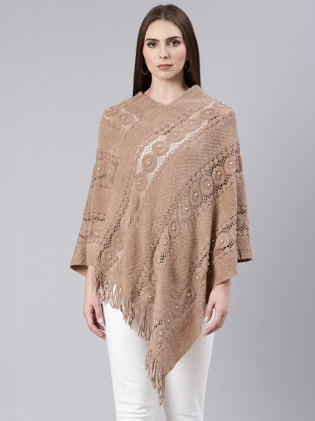 

SHOWOFF Self Design Longline Acrylic Poncho, Coffee brown