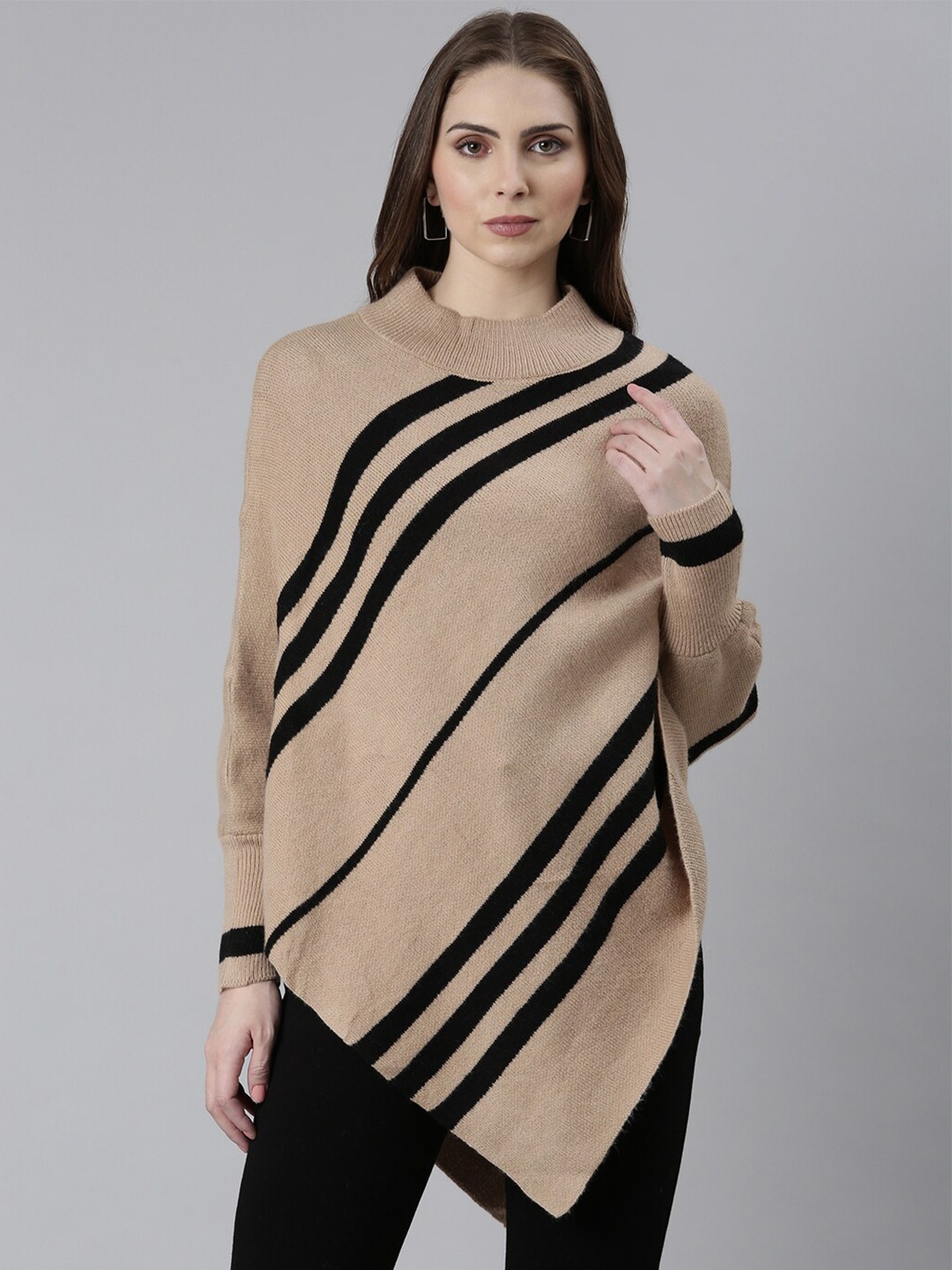 

SHOWOFF Striped Longline Acrylic Poncho, Beige