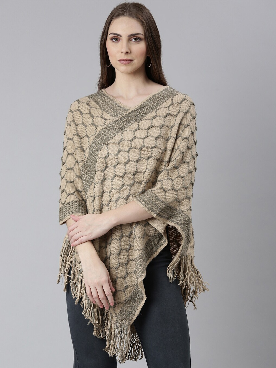 

SHOWOFF Self Design V-Neck Acrylic Poncho With Fringed Detail, Beige