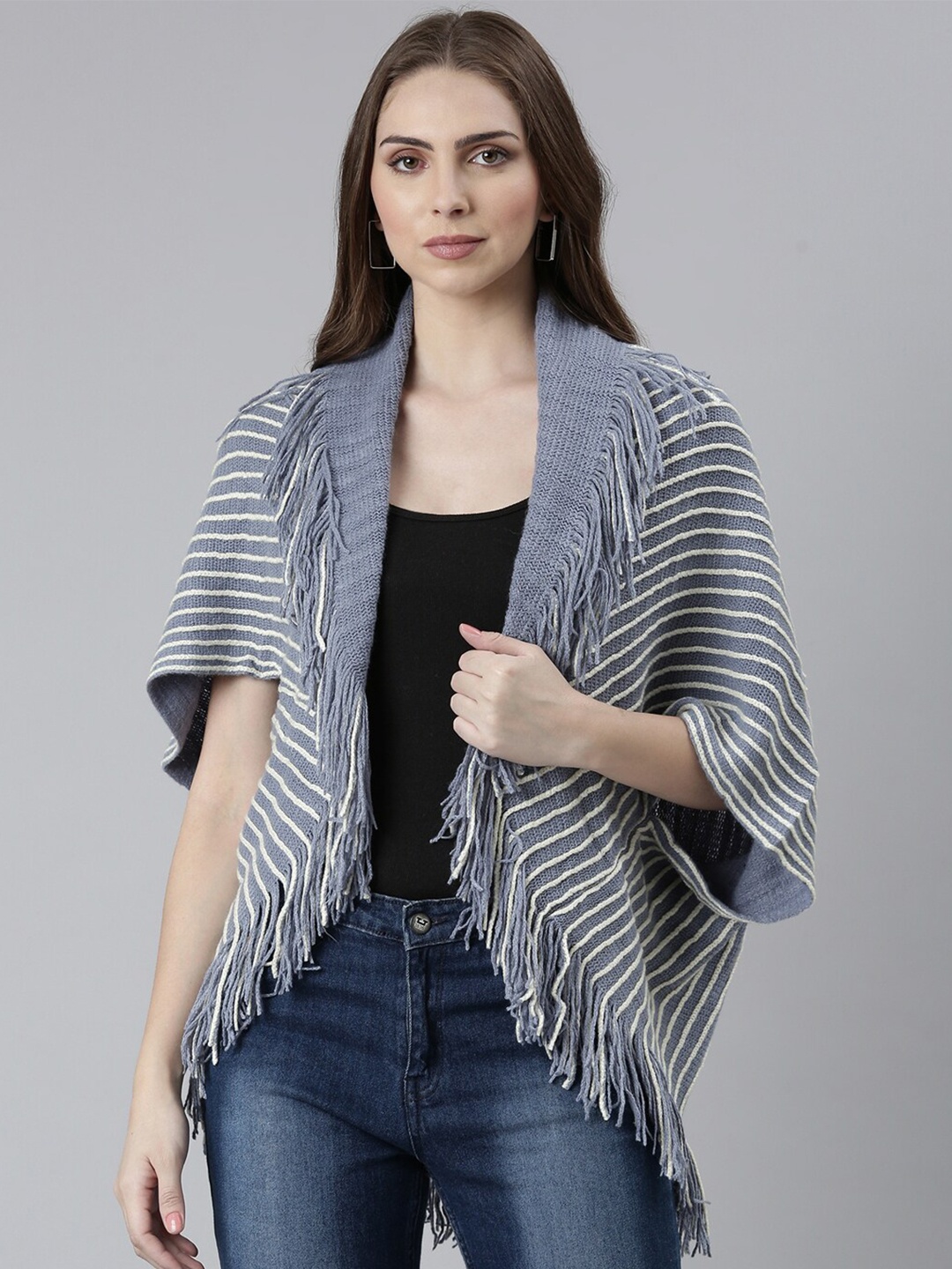 

SHOWOFF Striped Acrylic Poncho With Fringed Detail, Blue