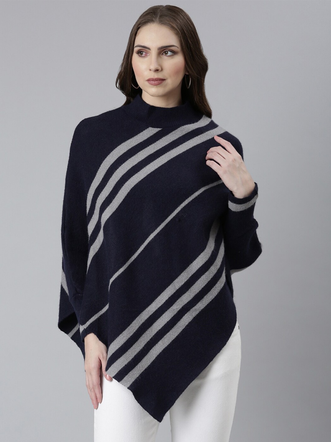 

SHOWOFF Striped Asymmetric Hem Acrylic Poncho, Navy blue