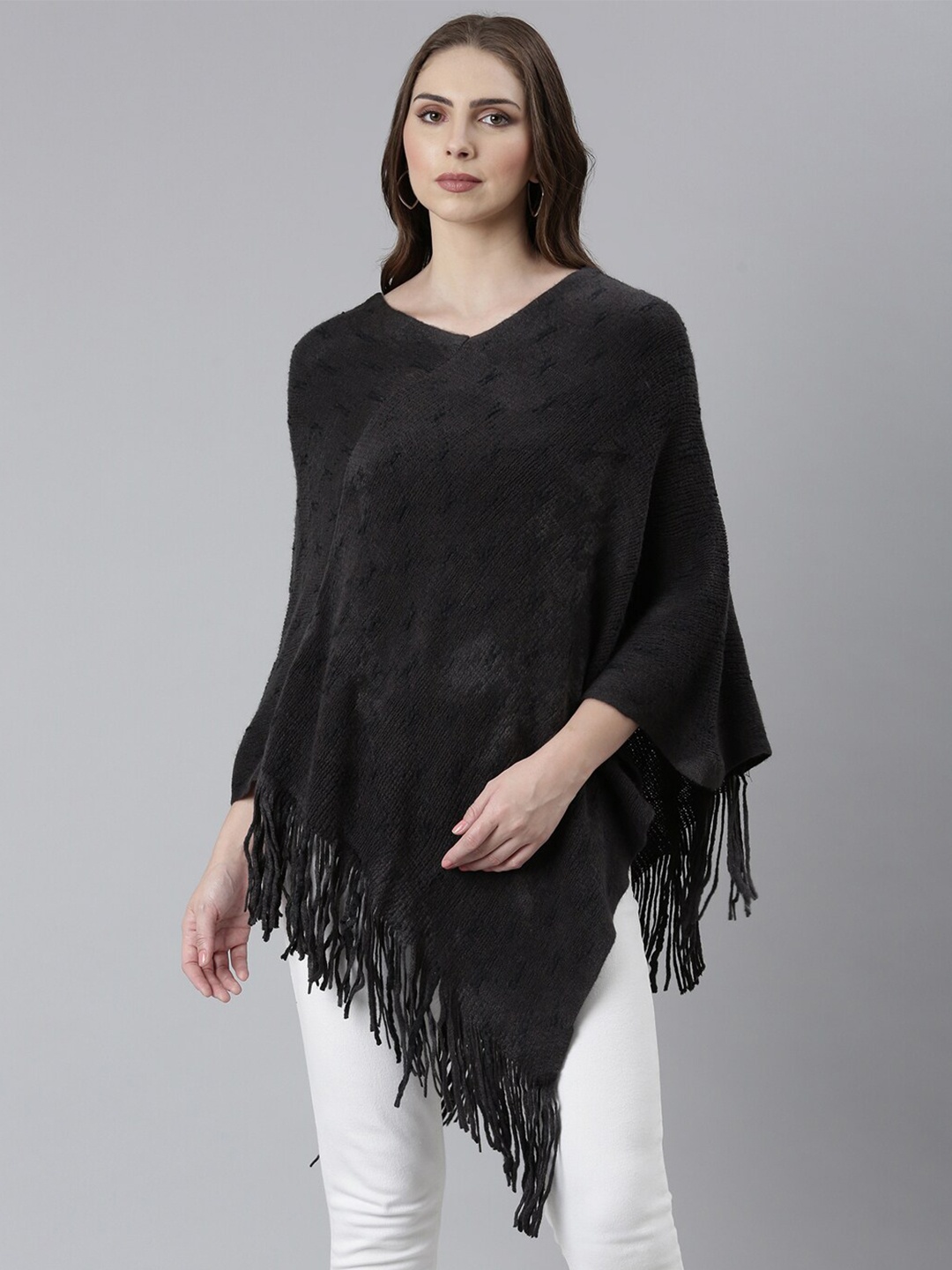 

SHOWOFF Self Design Longline Acrylic Poncho with Fringed Detail, Grey