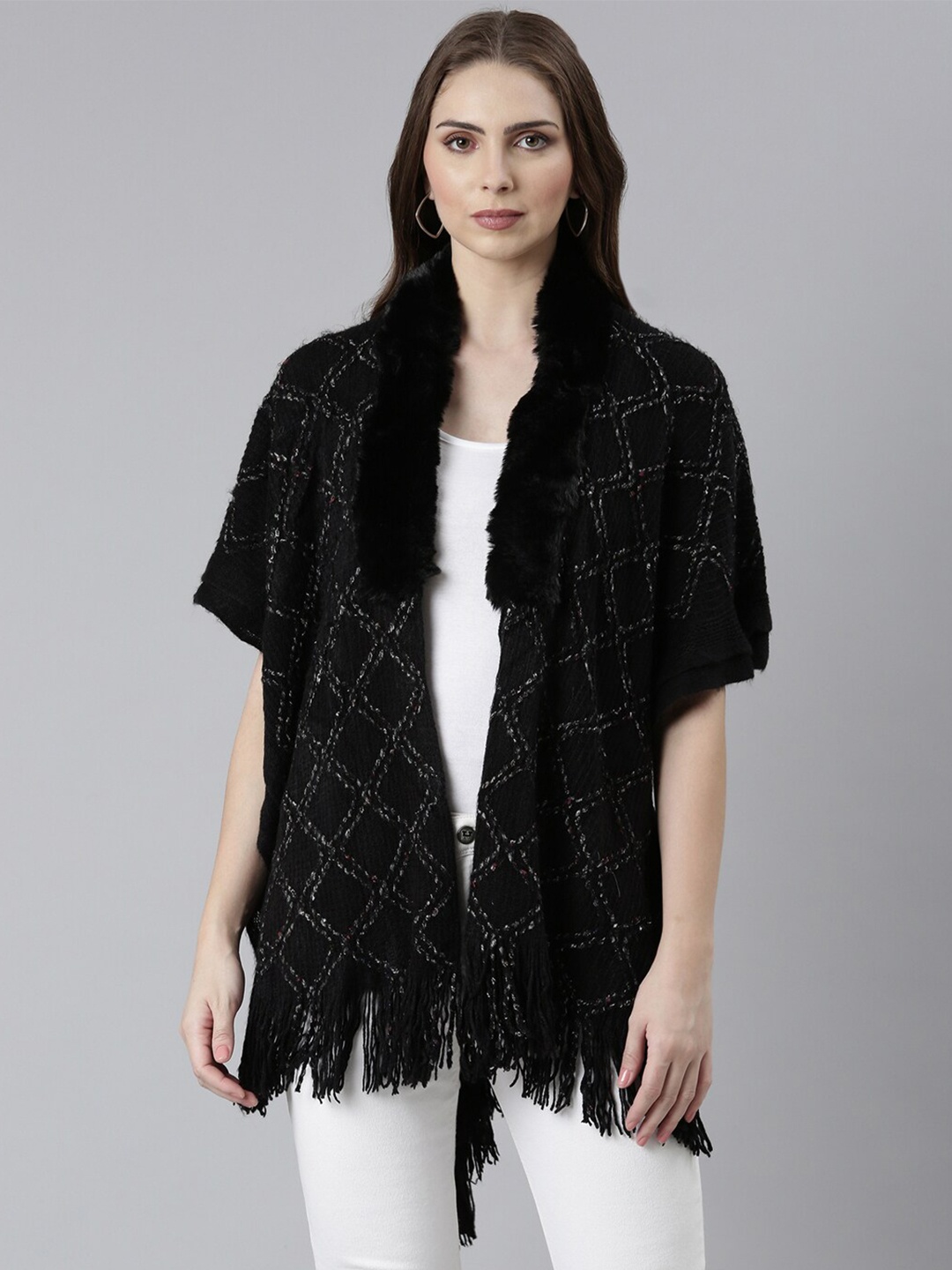 

SHOWOFF Geometric Self Designed Acrylic Front-Open Sweater with Fringed Detail, Black