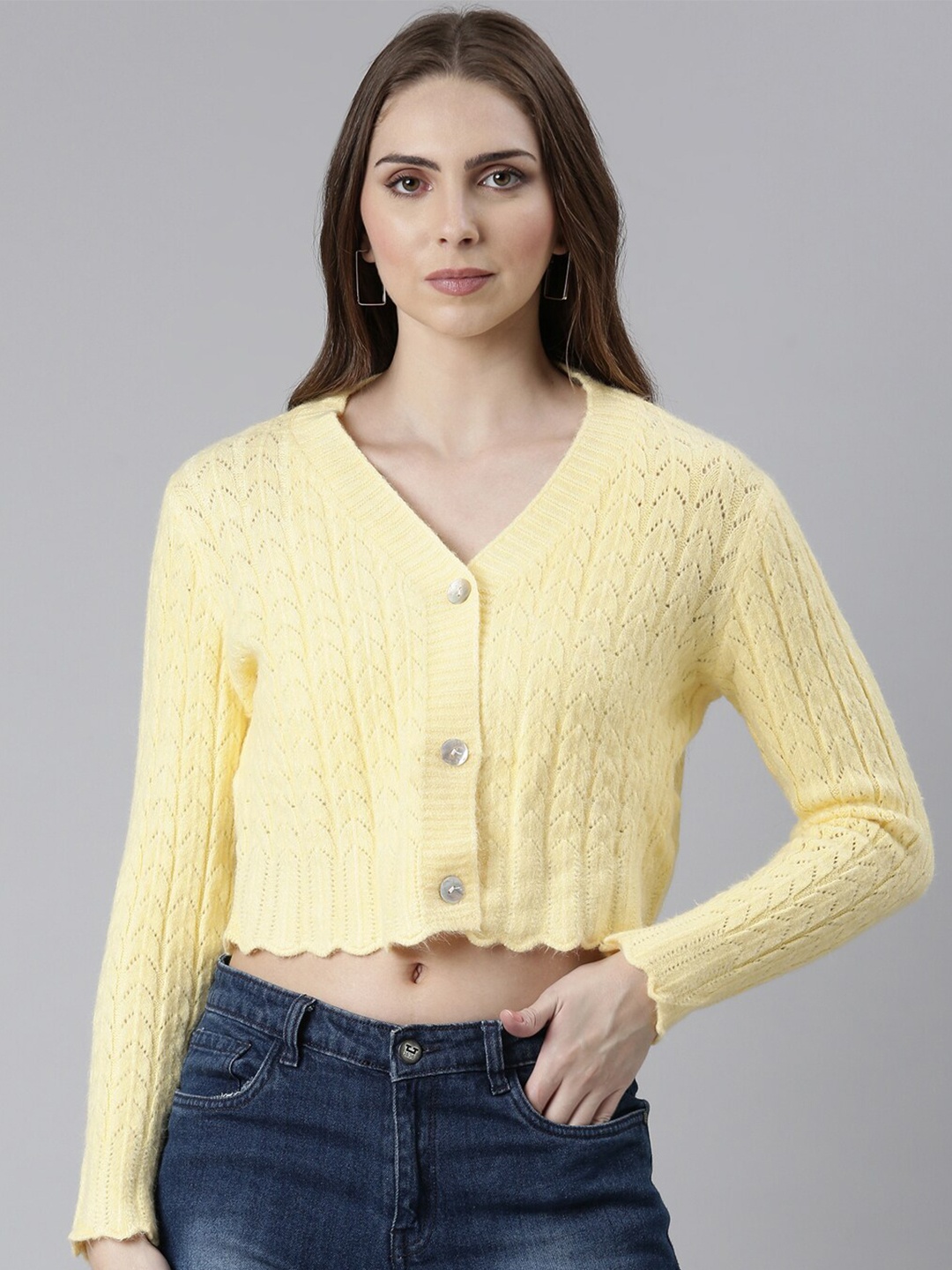 

SHOWOFF Open Knit Self Design V-Neck Ribbed Acrylic Cardigan, Yellow