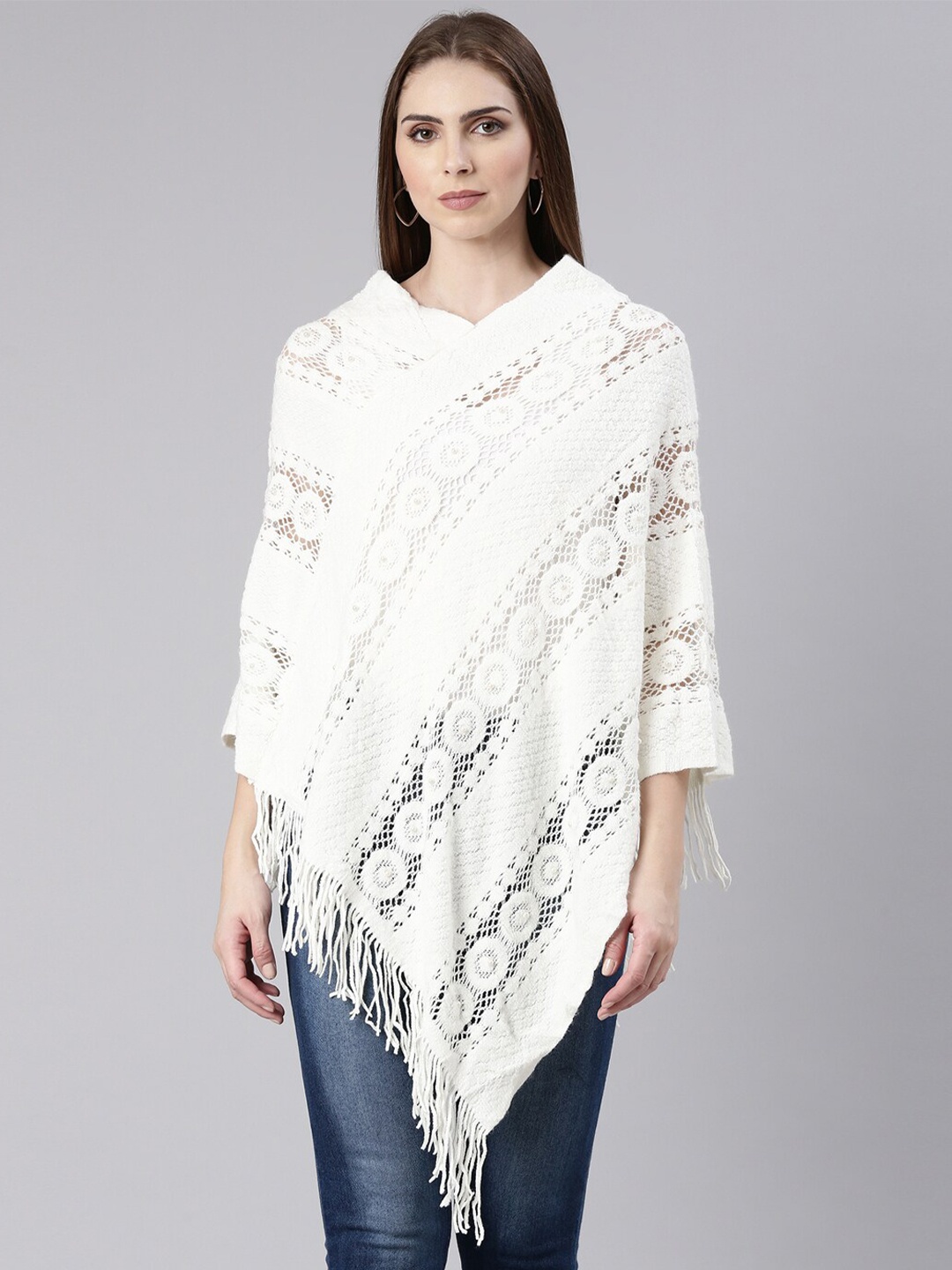 

SHOWOFF Open Knit V-Neck Three-Quarter Sleeves Fringed Detail Acrylic Longline Poncho, Off white