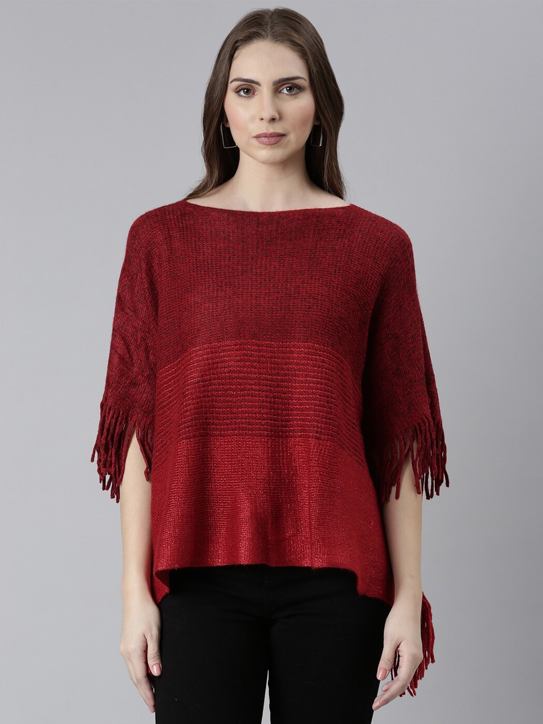 

SHOWOFF Colourblocked Round Neck Three-Quarter Sleeves Fringed Detail Acrylic Poncho, Red
