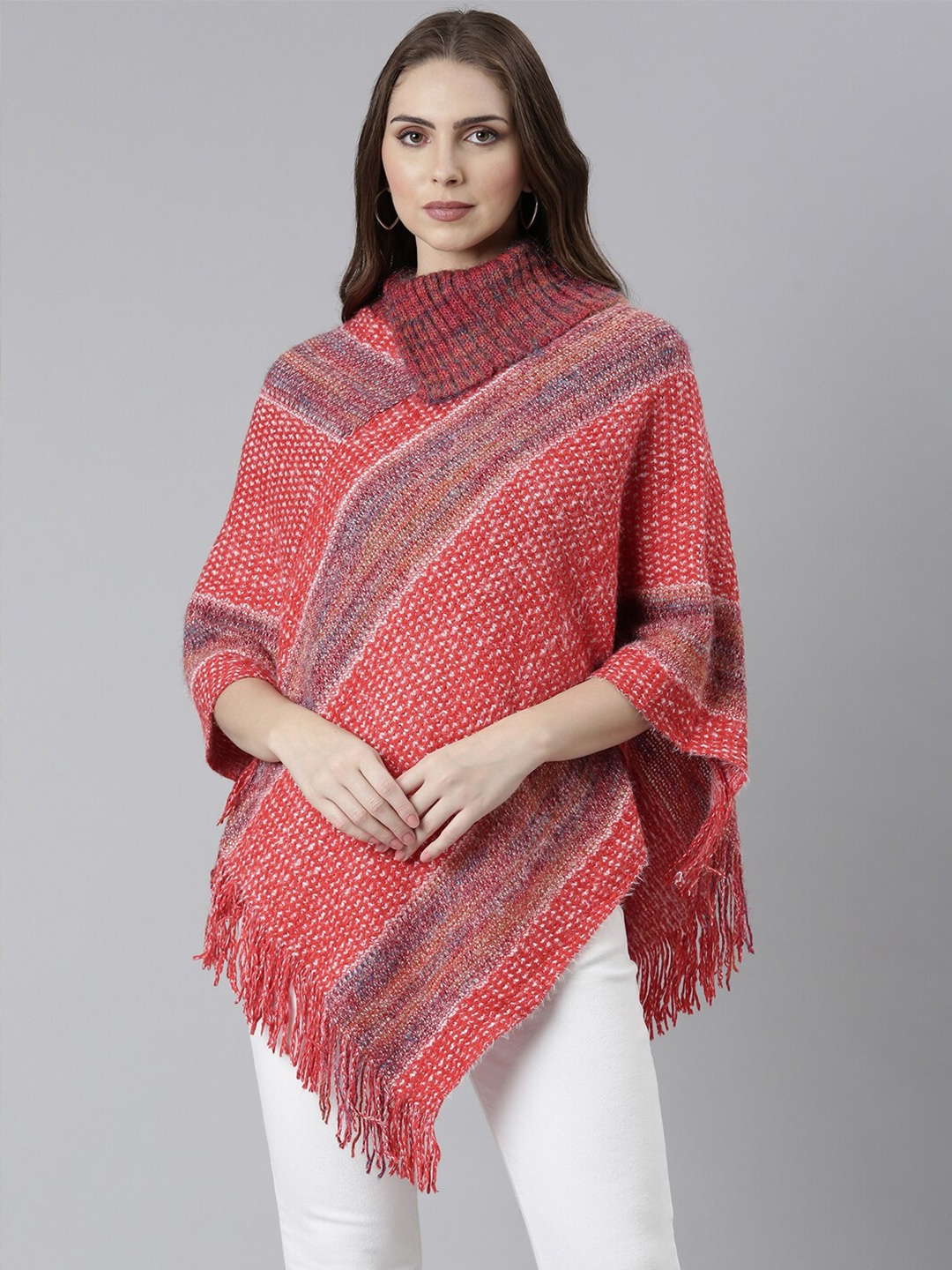 

SHOWOFF Speckled Turtle Neck Acrylic Poncho with Fringed Detail, Red