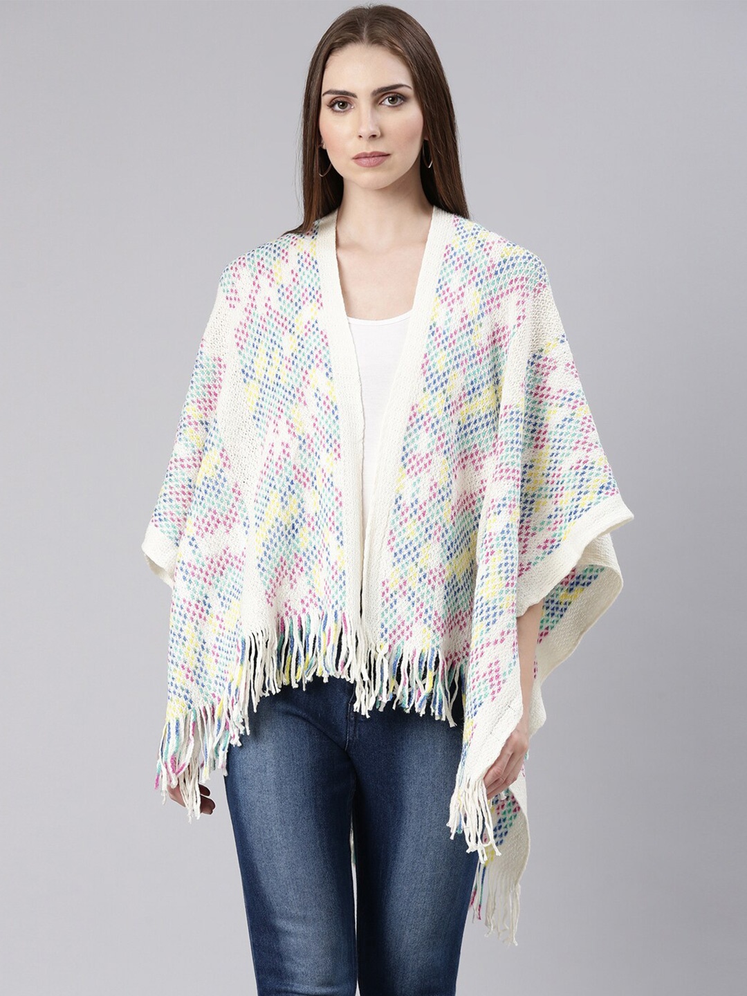 

SHOWOFF Self Design Acrylic Poncho With Fringed Detail, Off white