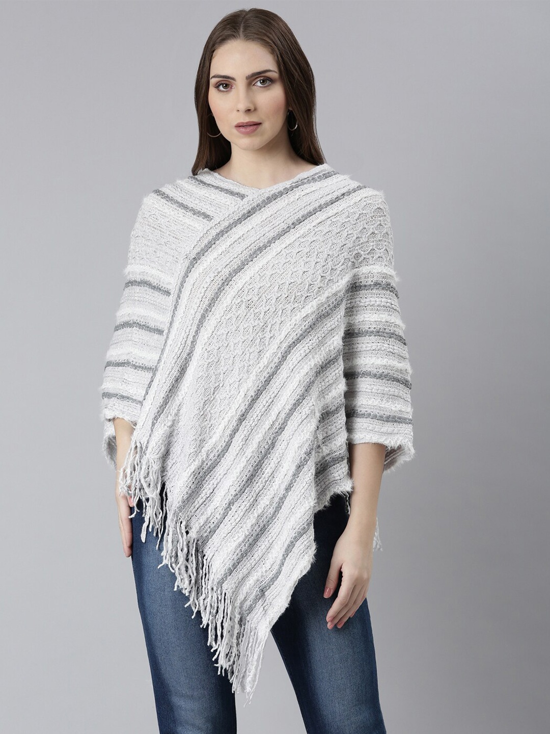 

SHOWOFF Striped Poncho With Fringed Detail, Grey
