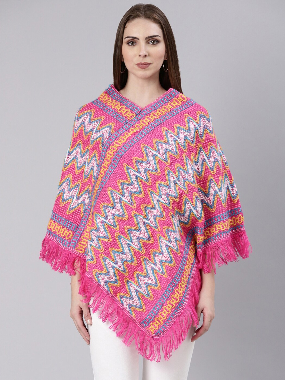 

SHOWOFF Chevron Poncho V-Neck With Fringed Detail, Fuchsia