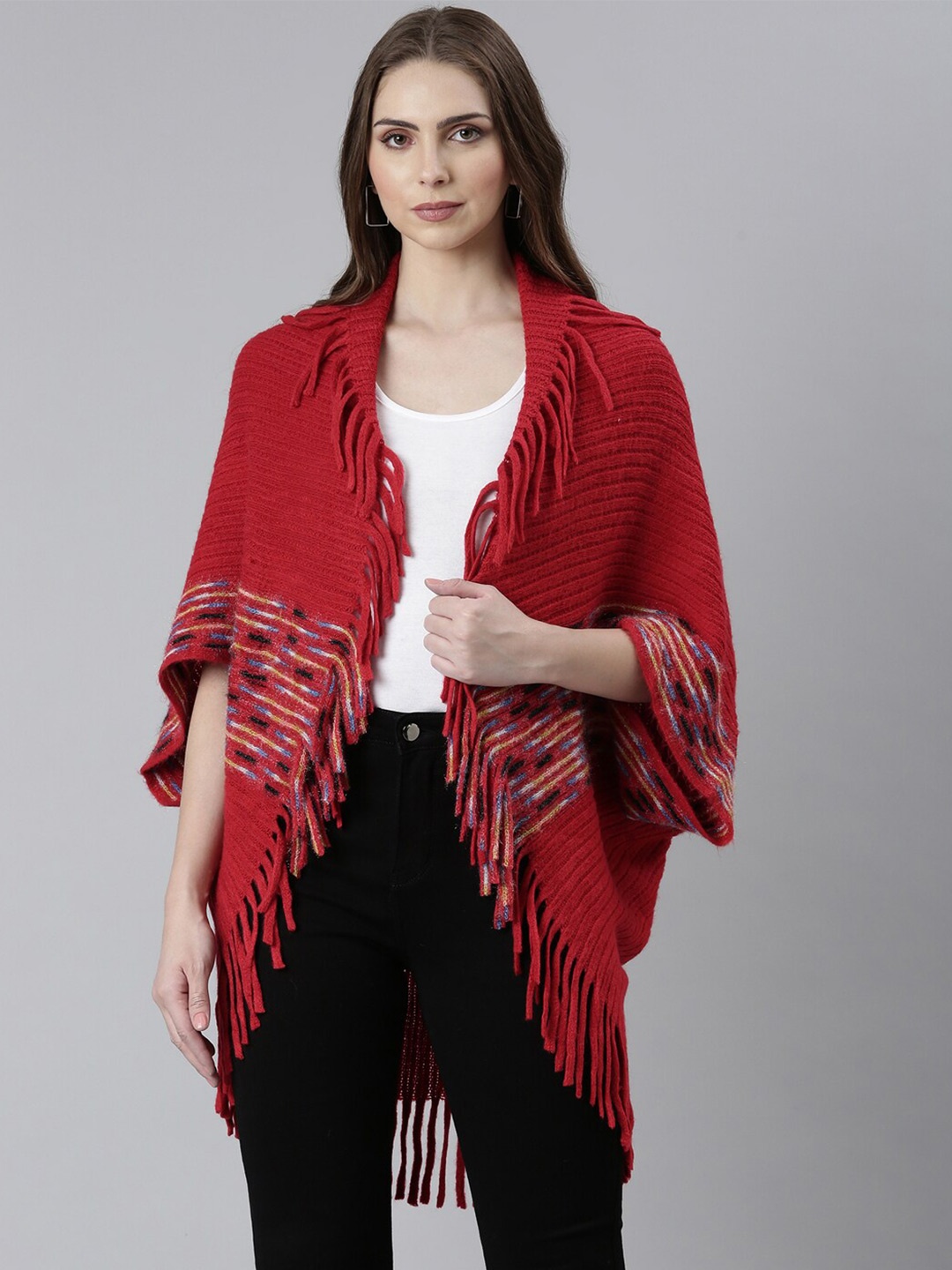 

SHOWOFF Striped Shawl Collar Poncho with Fringed Detail, Red