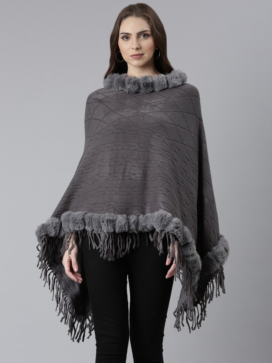 

SHOWOFF Self Design Poncho with Fringed Detail, Grey