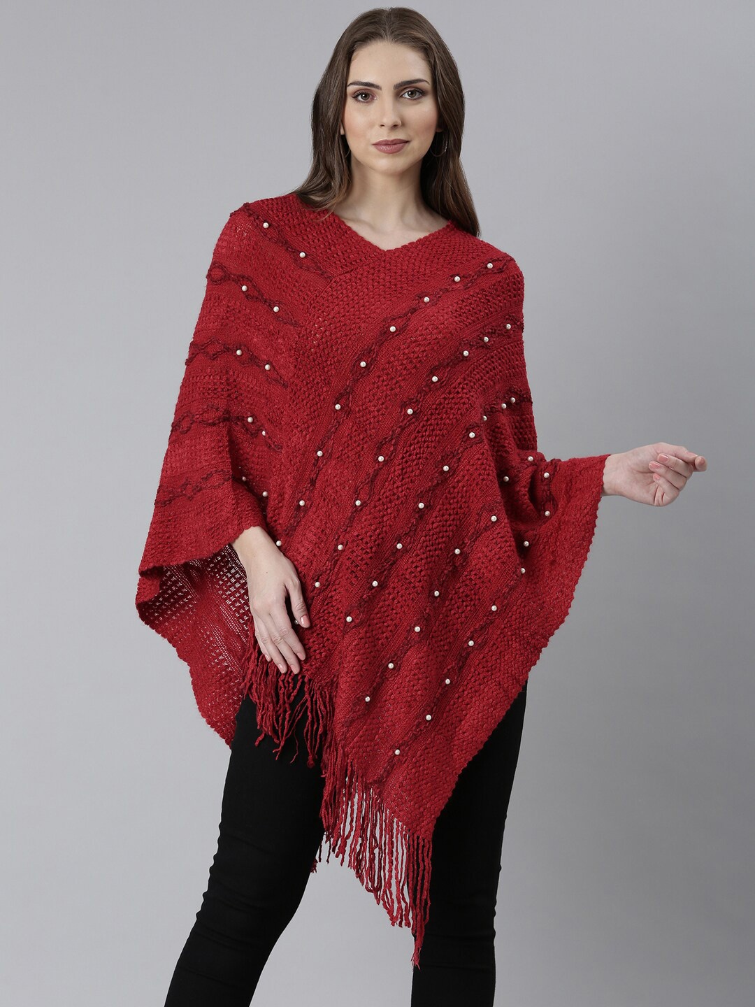 

SHOWOFF Cable Knit Self Design Poncho with Embellished Detail, Red