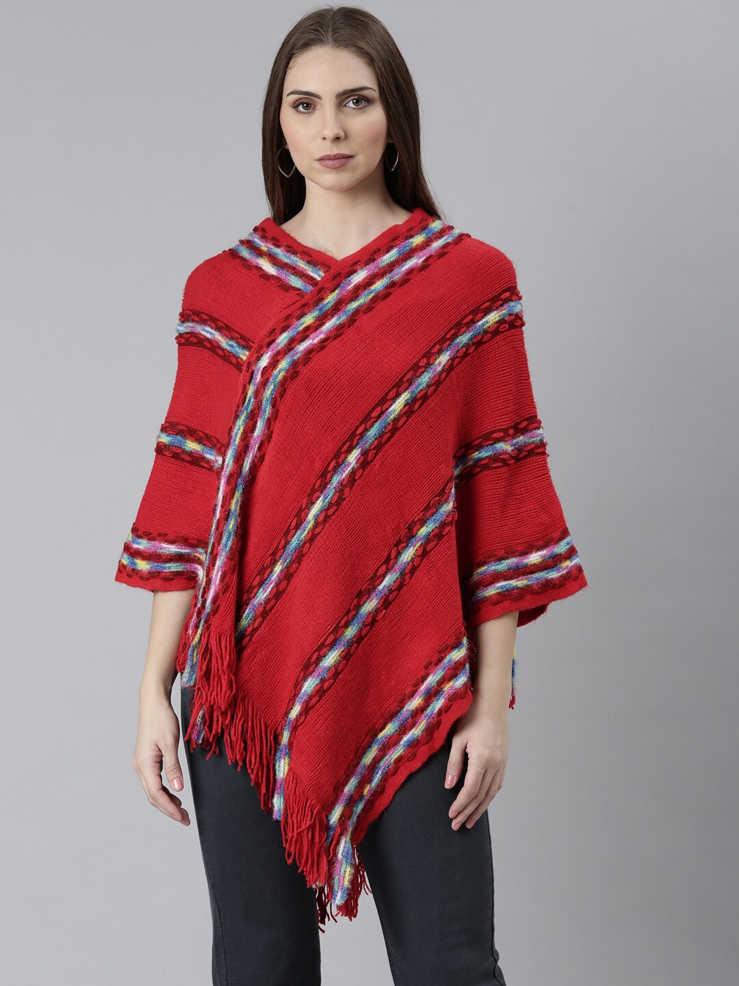 

SHOWOFF Striped Longline Poncho with Fringed Detail, Red