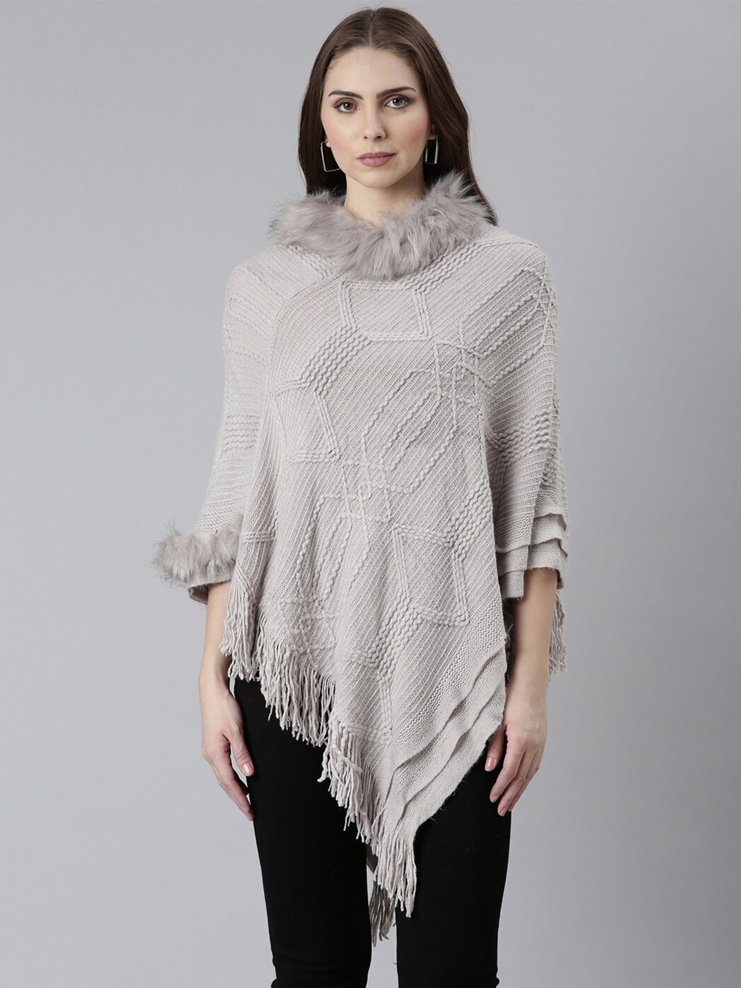 

SHOWOFF Self Design Cable Knit Acrylic Poncho With Fringed Detail, Grey