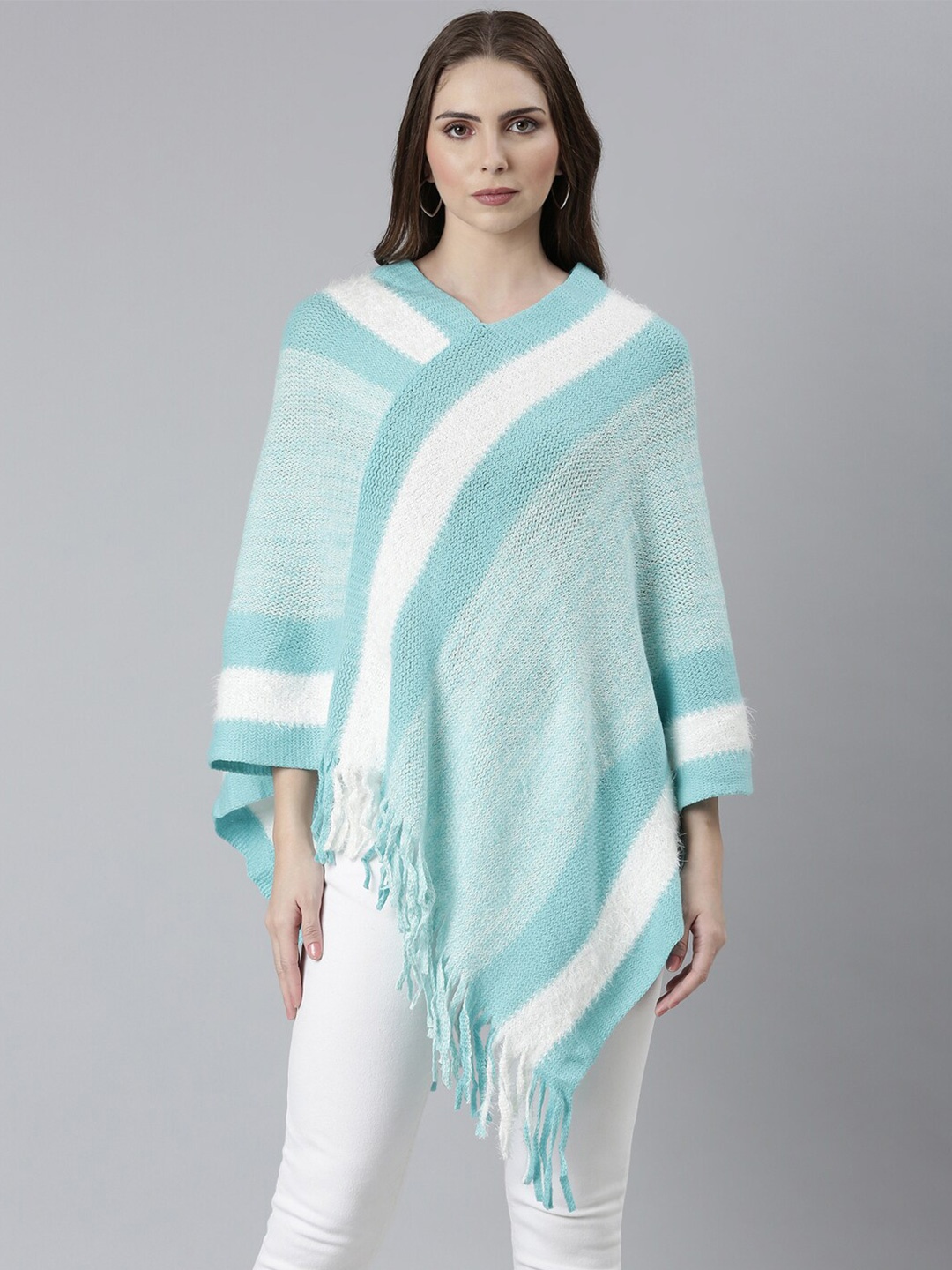 

SHOWOFF Striped Acrylic Poncho With Fringed Detail, Turquoise blue