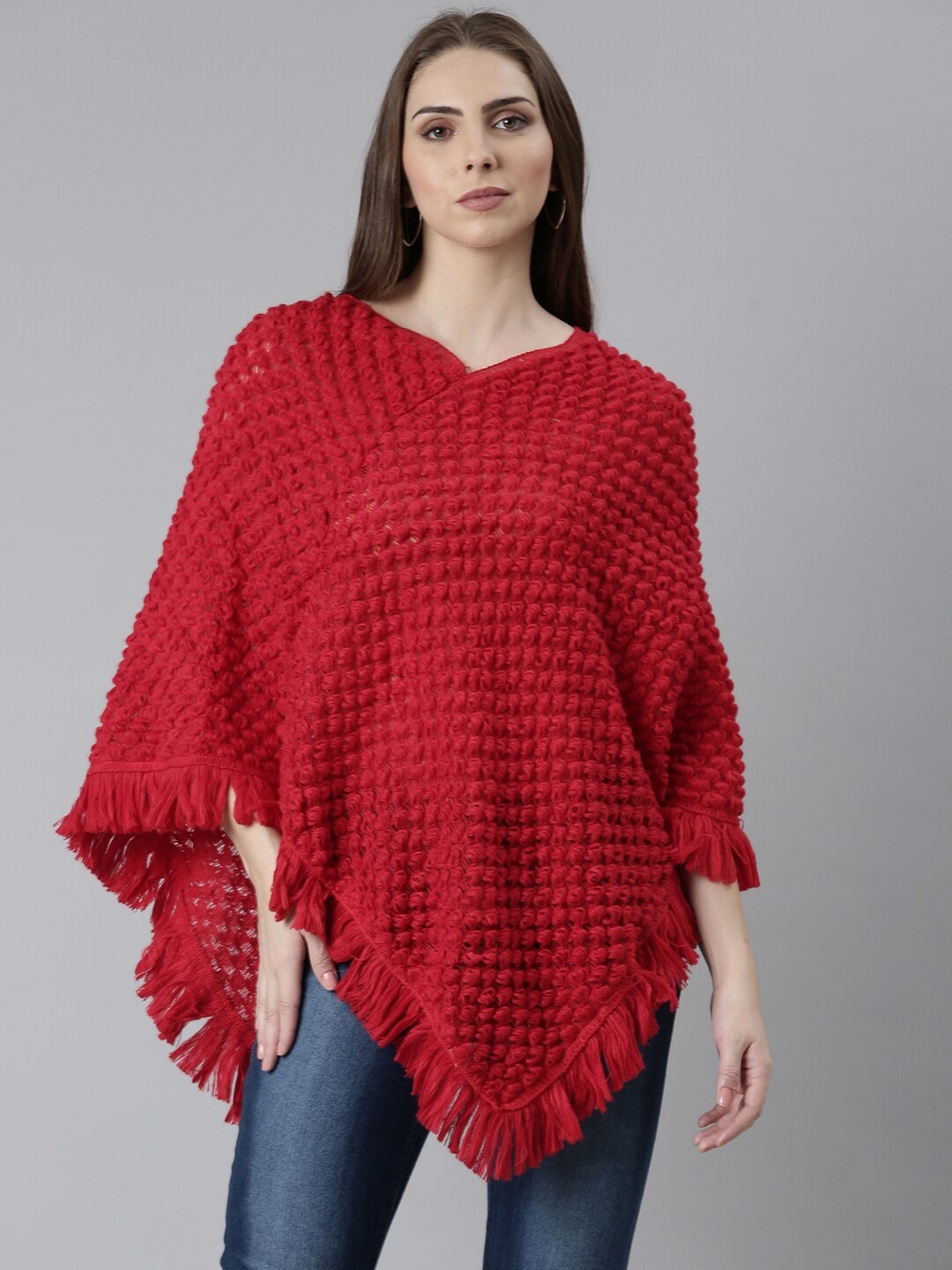 

SHOWOFF Self Design Acrylic Poncho With Fringed Detail, Red