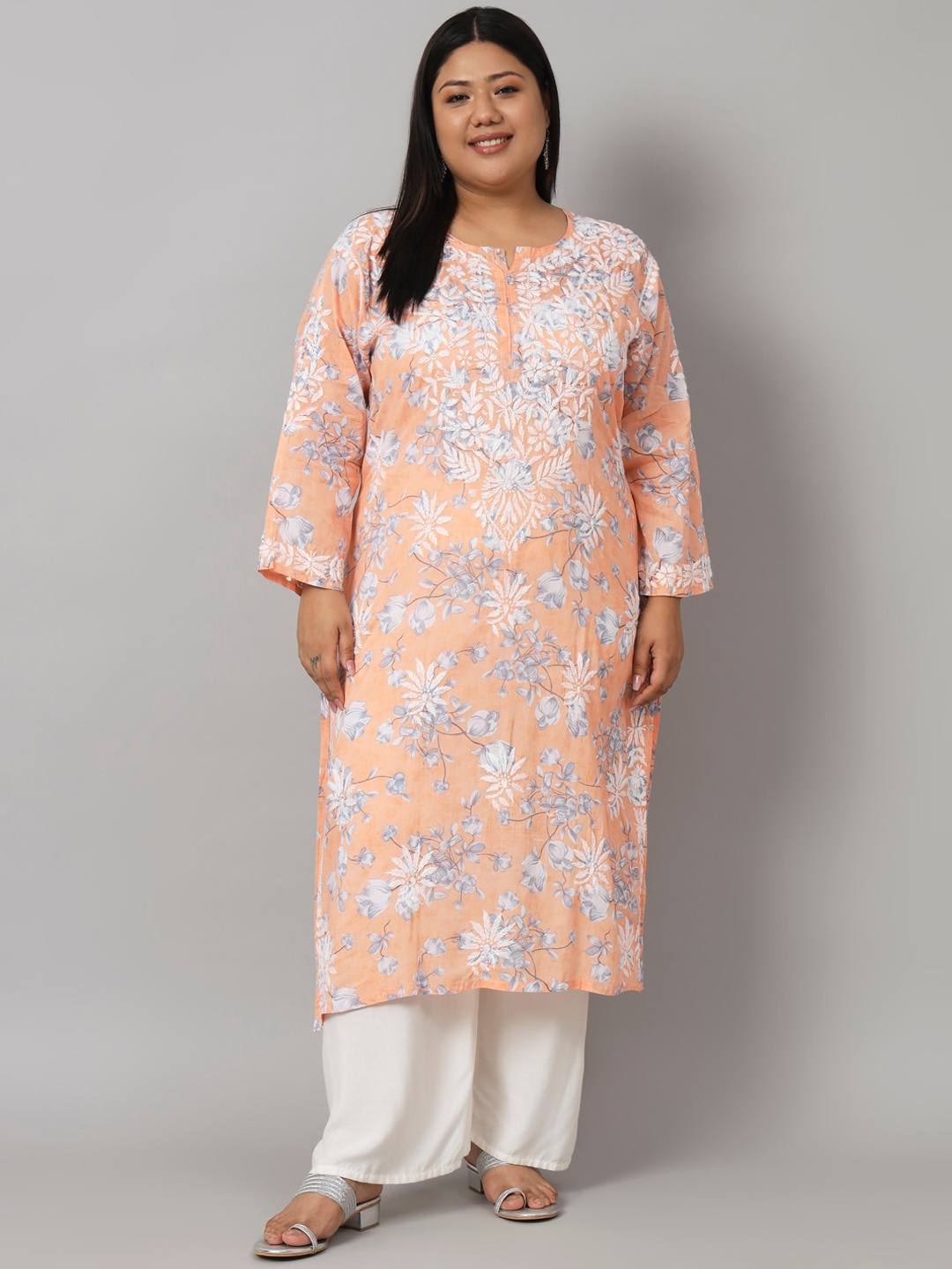 

Indiankala4u Floral Embroidered Chikankari Straight Cotton Kurta, Coral