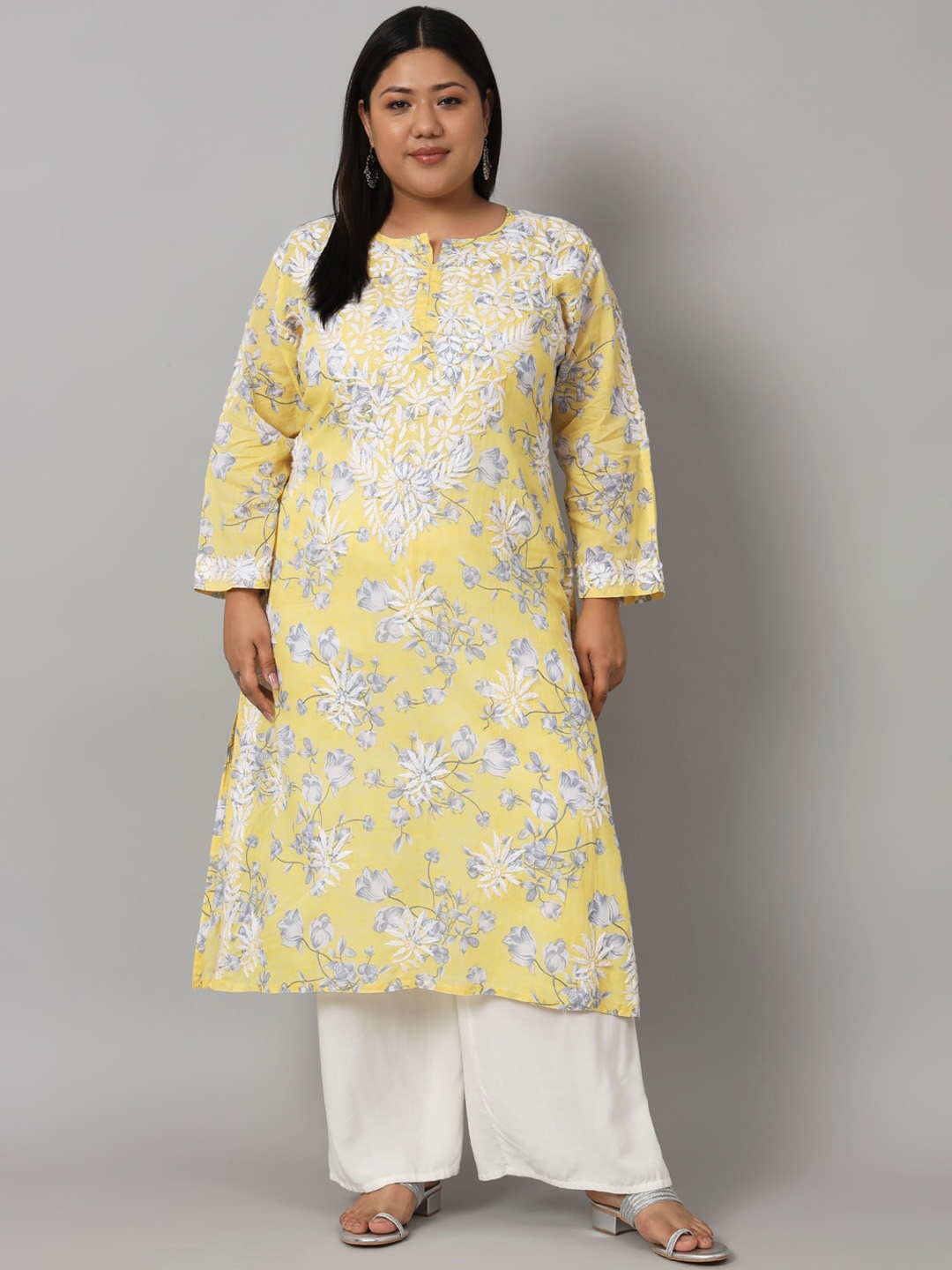 

Indiankala4u Floral Embroidered Chikankari Straight Cotton Kurta, Yellow