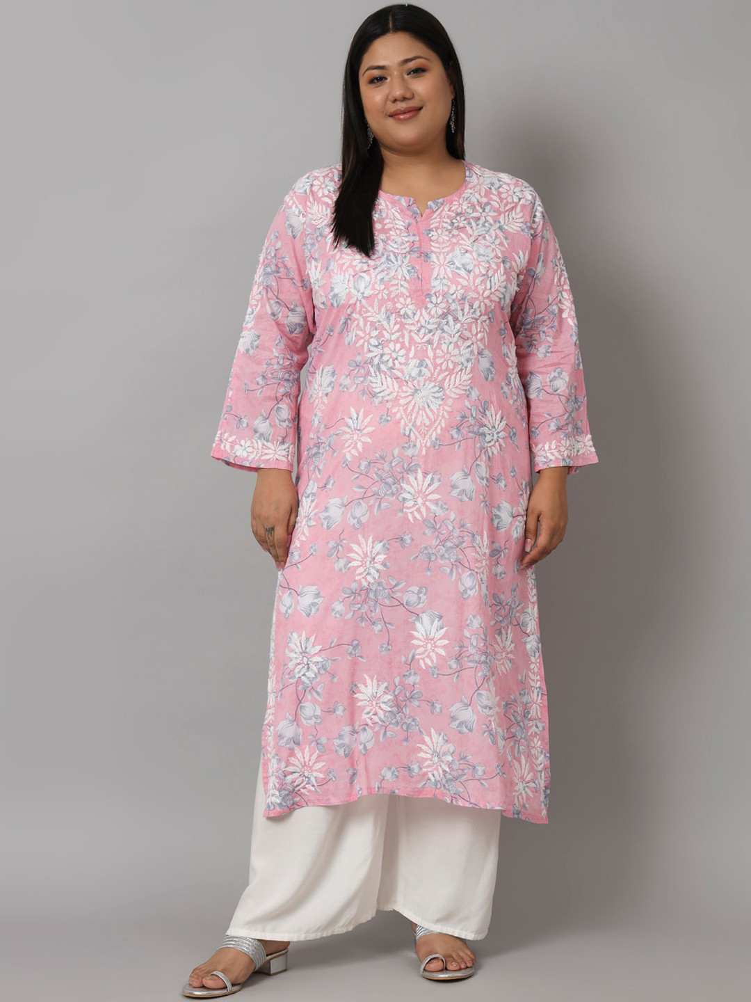

Indiankala4u Plus Size Floral Embroidered Chikankari Pure Cotton Kurta, Pink
