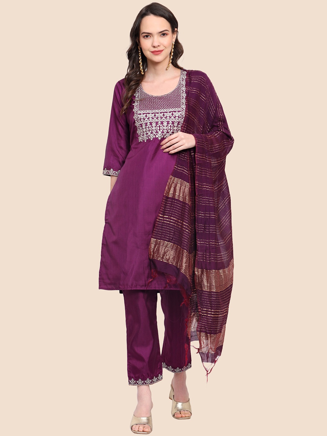 

Tulip Eden Ethnic Motif Yoke Design Regular Kurta With Trousers & Dupatta, Purple