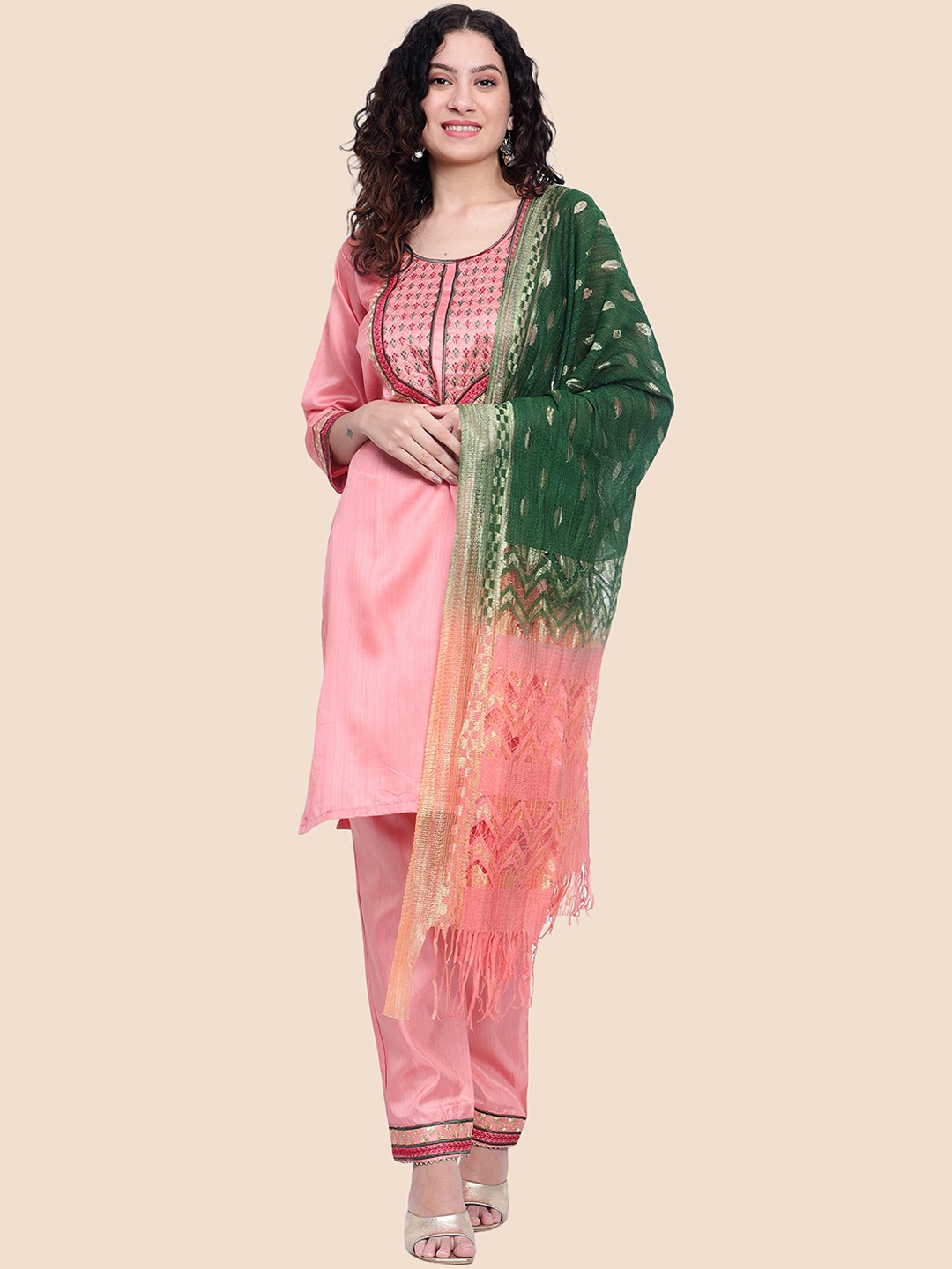 

Tulip Eden Ethnic Motif Yoke Design Regular Kurta With Trousers & Dupatta, Peach