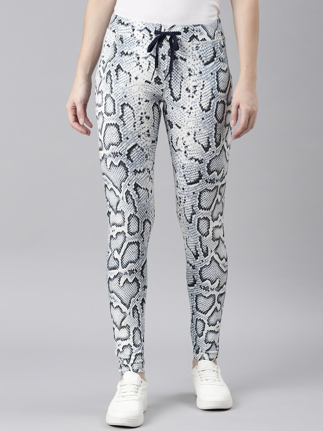 

SHOWOFF Women Animal Textured Stretchable Mid Rise Slim-Fit Track Pant, Navy blue