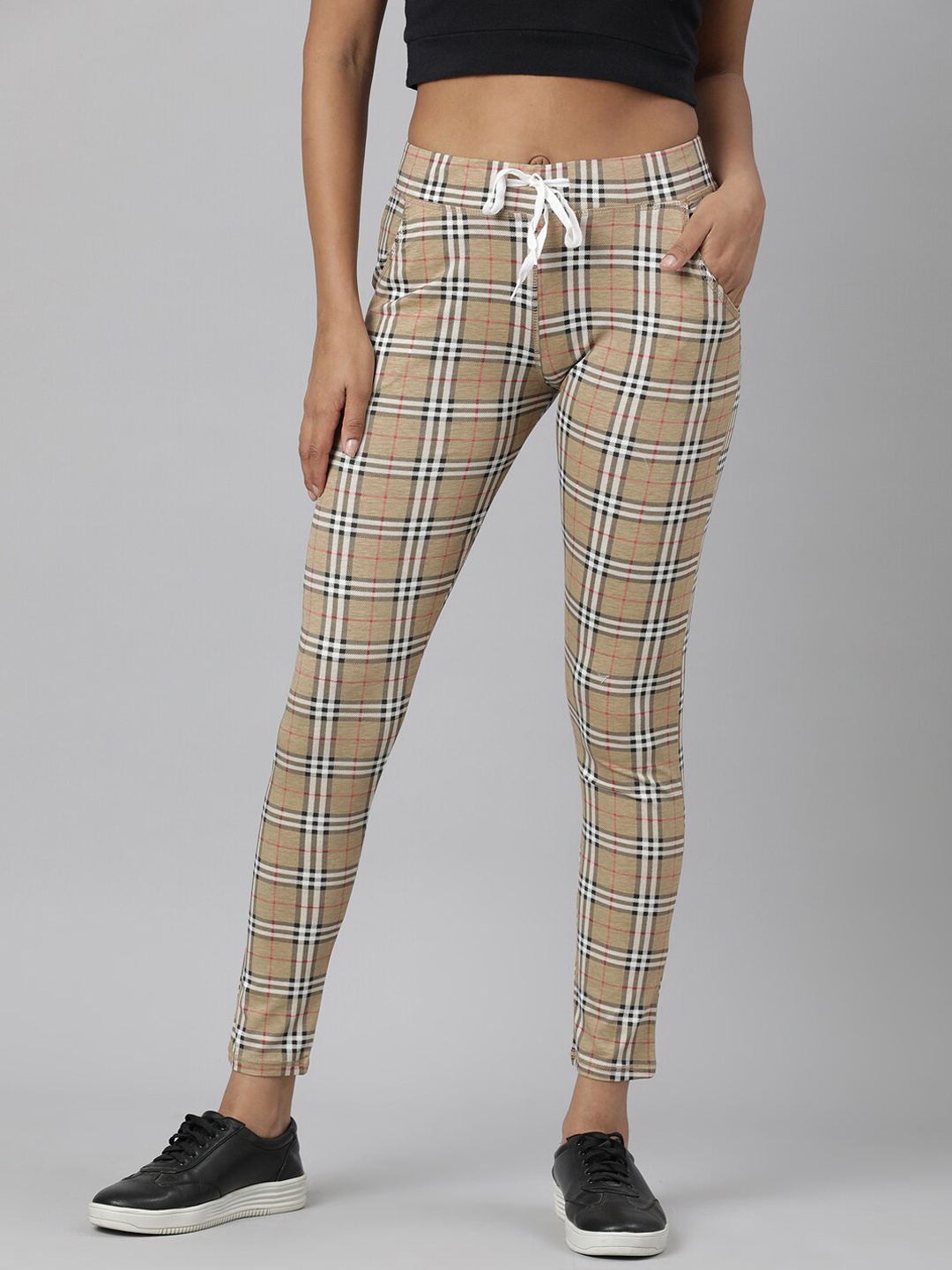 

SHOWOFF Women Checked Slim Fit Mid-Rise Track Pants, Beige