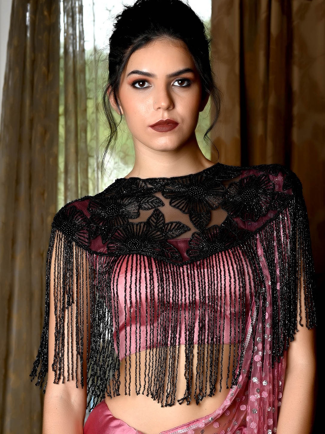 

ODETTE Floral Embellished Tasseled Waterfall Acrylic Cape Shrug, Black