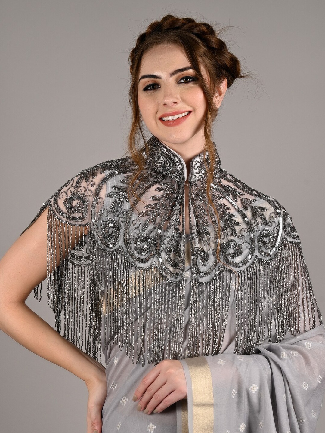 

ODETTE Embellished Tasseled Acrylic Cape Shrug, Grey