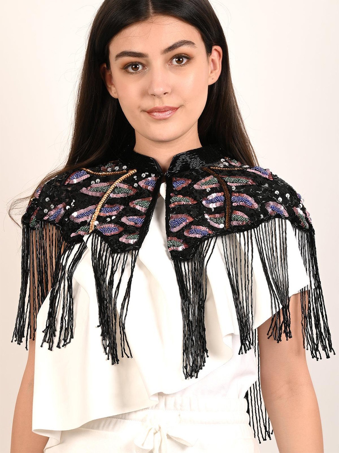 

ODETTE Embellished Tasseled Acrylic Cape Shrug, Black