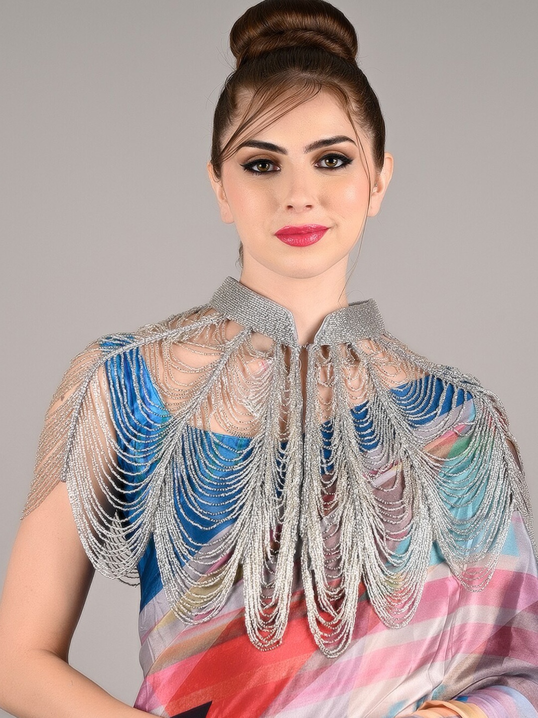 

ODETTE Embellished Tasseled Acrylic Cape Shrug, Silver