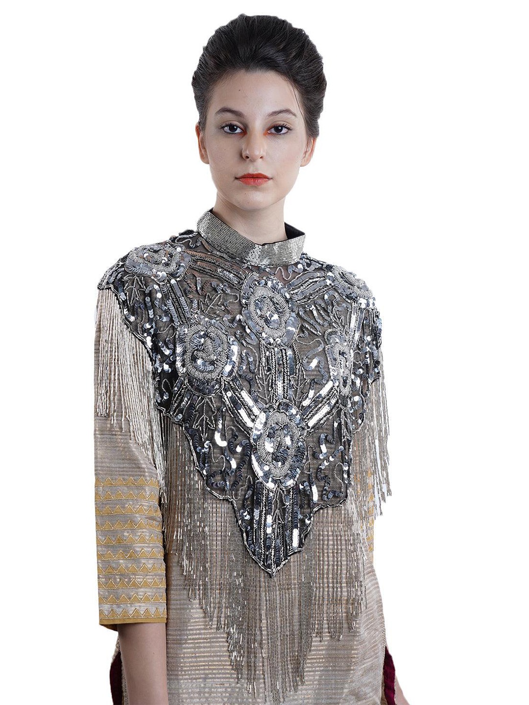 

ODETTE Embellished Tasseled Acrylic Cape Shrug, Black