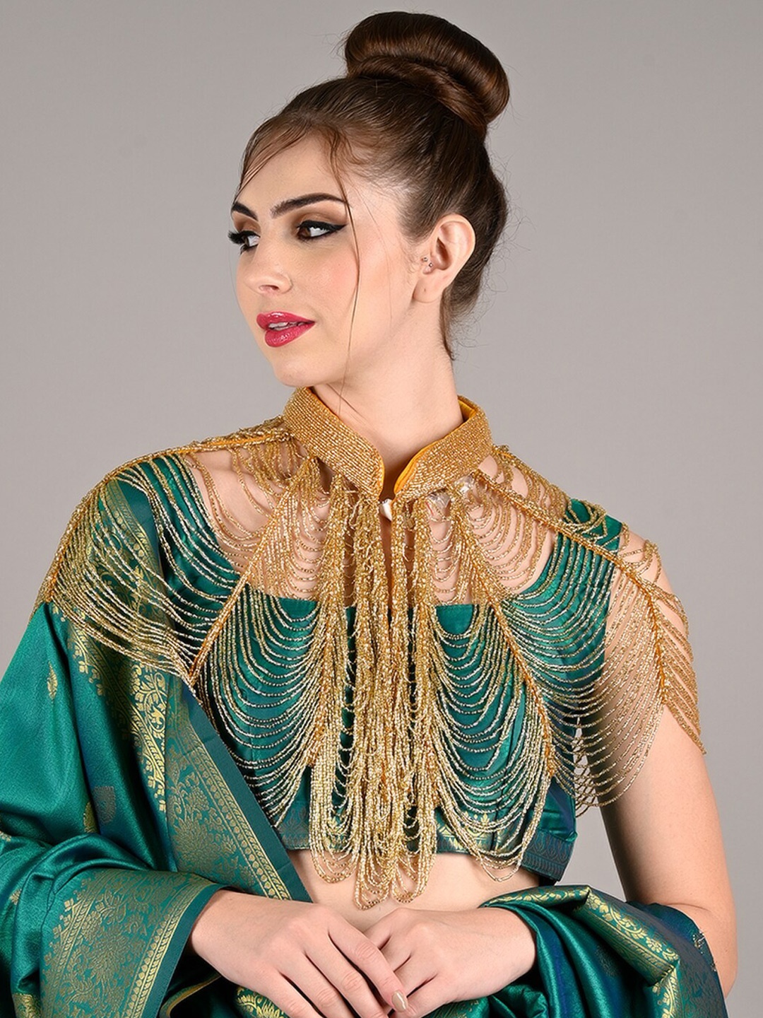 

ODETTE Embellished Tasseled Acrylic Cape Shrug, Gold